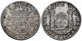Philip V (1700-1746). 8 reales. 1742. México. MF. (Cal-1461). Ag. 26,78 g. Choice VF. Est...220,00. 

SPANISH DESCRIPTION: Felipe V (1700-1746). 8 rea...