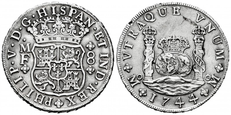 Philip V (1700-1746). 8 reales. 1744. México. MF. (Cal-1466). Ag. 26,90 g. Surfa...