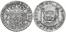 Philip V (1700-1746). 8 reales. 1744. México. MF. (Cal-1466). Ag. 26,90 g. Surface cleaning hairlines, otherwise a good specimen. Choice VF. Est...250...