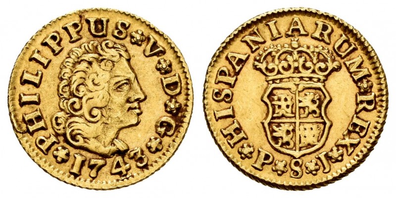 Philip V (1700-1746). 1/2 escudo. 1743/2. Sevilla. PJ. (Cal-1645). Au. 1,79 g. C...