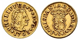 Philip V (1700-1746). 1/2 escudo. 1743/2. Sevilla. PJ. (Cal-1645). Au. 1,79 g. Clear overdate. Choice VF. Est...180,00. 

SPANISH DESCRIPTION: Felipe ...