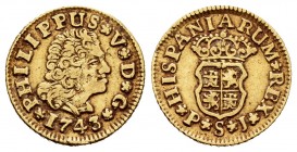 Philip V (1700-1746). 1/2 escudo. 1743/2. Sevilla. PJ. (Cal-1645). Au. 1,76 g. Second bust. Overdate. Choice VF. Est...180,00. 

SPANISH DESCRIPTION: ...