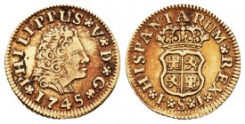 Philip V (1700-1746). 1/2 escudo. 1745. Sevilla. PJ. (Cal-1651). Au. 1,77 g. Third king´s bust. Lightly orange toned. Choice VF. Est...160,00. 

SPANI...