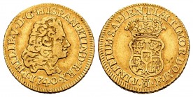 Philip V (1700-1746). 1 escudo. 1740. Madrid. JF. (Cal-1719). Au. 3,31 g. Without value. Minor nick on edge. Rare. VF. Est...300,00. 

SPANISH DESCRIP...