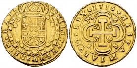 Philip V (1700-1746). 8 escudos. 1715/4/3. Sevilla. M. (Cal-2285). (Cal onza-501). Au. 26,77 g. "Cross" type. Mintmark, value and assayer on reverse. ...
