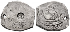 Ferdinand VI (1746-1759). 8 reales. 1752. Guatemala. J. (Cal-426). (Km-102). Ag. 26,55 g. Guatemala countermark. Holed. Rare. Choice F. Est...170,00. ...