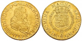Ferdinand VI (1746-1759). 8 escudos. 1759. Lima. JM. (Cal-775). (Cal onza-582). Au. 26,99 g. Without value indication. Small planchet flaws on obverse...