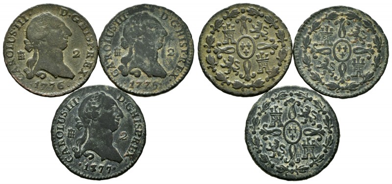 Charles III (1759-1788). 2 maravedis. 1775,1776 y1777. Segovia. (Cal-38-40-41). ...