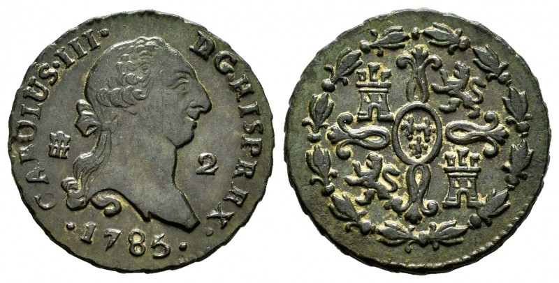 Charles III (1759-1788). 2 maravedis. 1785. Segovia. (Cal-45). Ae. 2,64 g. Scarc...