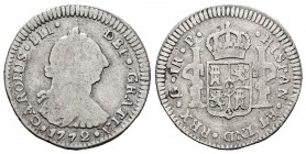 Charles III (1759-1788). 1 real. 1772. Guatemala. P. (Cal-332). (Km-33.1). Ag. 3,18 g. Mintmark G. First-year bust. Rare. F. Est...45,00. 

SPANISH DE...