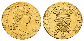 Charles III (1759-1788). 1/2 escudo. 1770. Madrid. PJ. (Cal-1254). Au. 1,76 g. Scratch on obverse. Choice VF. Est...140,00. 

SPANISH DESCRIPTION: Car...
