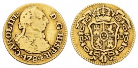 Charles III (1759-1788). 1/2 escudo. 1784. Madrid. JD. (Cal-1277). Au. 1,74 g. Choice F/Almost VF. Est...120,00. 

SPANISH DESCRIPTION: Carlos III (17...