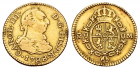 Charles III (1759-1788). 1/2 escudo. 1788. Madrid. M. (Cal-1286). Au. 1,73 g. Traces of mounting. Choice F. Est...110,00. 

SPANISH DESCRIPTION: Carlo...