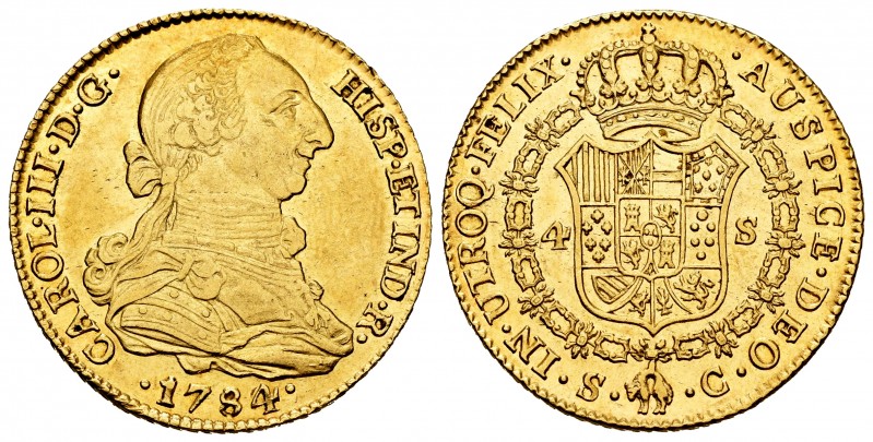 Charles III (1759-1788). 4 escudos. 1784/2. Sevilla. C. (Cal-1893). Au. 13,48 g....