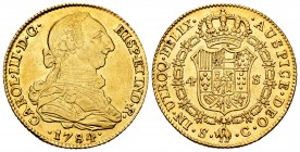 Charles III (1759-1788). 4 escudos. 1784/2. Sevilla. C. (Cal-1893). Au. 13,48 g. Rare overdate. XF. Est...750,00. 

SPANISH DESCRIPTION: Carlos III (1...