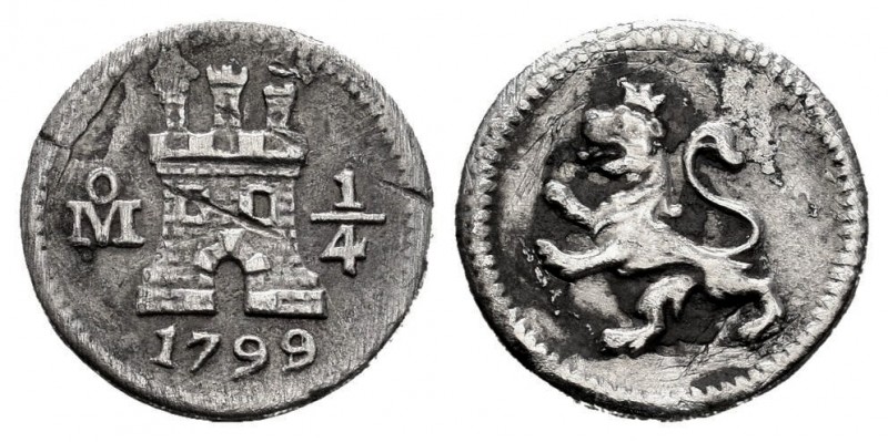 Charles IV (1788-1808). 1/4 real. 1799/8. México. (Cal-126). Ag. 0,74 g. Overdat...