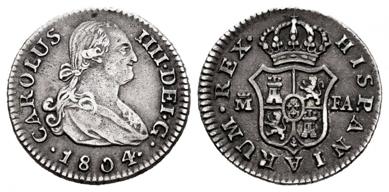 Charles IV (1788-1808). 1/2 real. 1804. Madrid. FA. (Cal-266). Ag. 1,59 g. Tone....