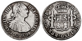 Charles IV (1788-1808). 2 reales. 1799. Guatemala. M. (Cal-557). Ag. 6,63 g. Minor scratches on obverse. VF. Est...70,00. 

SPANISH DESCRIPTION: Carlo...