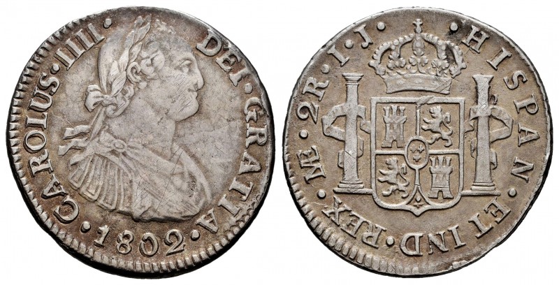 Charles IV (1788-1808). 2 reales. 1802. Lima. IJ. (Cal-585). Ag. 5,42 g. Minor s...