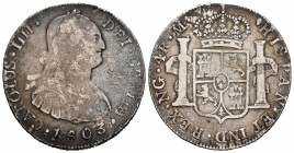 Charles IV (1788-1808). 4 reales. 1803. Guatemala. M. (Cal-744). Ag. 13,17 g. Scarce. Choice F/Almost VF. Est...140,00. 

SPANISH DESCRIPTION: Carlos ...