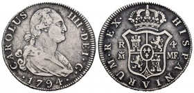 Charles IV (1788-1808). 4 reales. 1794. Madrid. MF. (Cal-780). Ag. 13,02 g. Almost VF. Est...150,00. 

SPANISH DESCRIPTION: Carlos IV (1788-1808). 4 r...