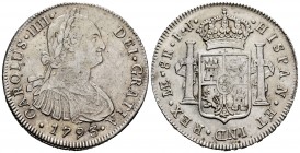 Charles IV (1788-1808). 8 reales. 1793. Lima. IJ. (Cal-909). Ag. 26,53 g. King´s bust. Weak strike. VF/Choice VF. Est...120,00. 

SPANISH DESCRIPTION:...