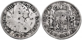 Charles IV (1788-1808). 8 reales. 1796. México. FM. (Cal-959 var). Ag. 26,58 g. Chop marks. VF. Est...90,00. 

SPANISH DESCRIPTION: Carlos IV (1788-18...