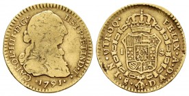 Charles IV (1788-1808). 1 escudo. 1791. Santiago. DA. (Cal-1228). Au. 3,40 g. Bust of Charles III and numeral of King IIII. Very rare. Choice F. Est.....