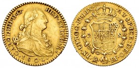 Charles IV (1788-1808). 2 escudos. 1801. Madrid. FA/MF. (Cal-1302). Au. 6,79 g. Rectified assayers marks. Scratch on obverse. Scarce. Choice VF. Est.....