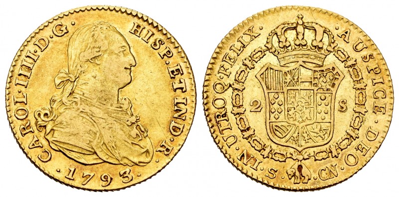 Charles IV (1788-1808). 2 escudos. 1793. Sevilla. CN. (Cal-1429). Au. 6,69 g. Al...