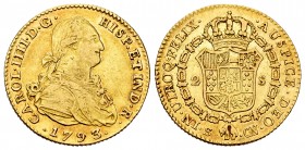Charles IV (1788-1808). 2 escudos. 1793. Sevilla. CN. (Cal-1429). Au. 6,69 g. Almost VF/VF. Est...300,00. 

SPANISH DESCRIPTION: Carlos IV (1788-1808)...