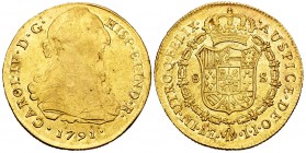 Charles IV (1788-1808). 8 escudos. 1791. Lima. IJ. (Cal-1590). Au. 27,12 g. Bust of Charles III. King´s ordinal IV. Weakly struck on obverse. Scarce. ...