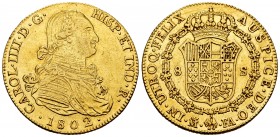 Charles IV (1788-1808). 8 escudos. 1802. Madrid. FA. (Cal-1621). Au. 26,81 g. Choice VF. Est...1200,00. 

SPANISH DESCRIPTION: Carlos IV (1788-1808). ...