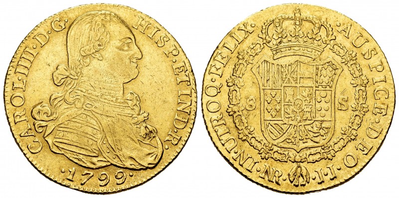 Charles IV (1788-1808). 8 escudos. 1799. Santa Fe de Nuevo Reino. JJ. (Cal-1733)...