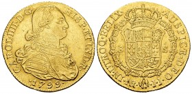 Charles IV (1788-1808). 8 escudos. 1799. Santa Fe de Nuevo Reino. JJ. (Cal-1733). Au. 26,90 g. Nick on edge. Choice VF. Est...1150,00. 

SPANISH DESCR...