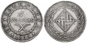 Joseph Napoleon (1808-1814). 5 pesetas. 1809. Barcelona. (Cal-42). Ag. 26,79 g. VF. Est...300,00. 

SPANISH DESCRIPTION: José Napoleón (1808-1814). 5 ...