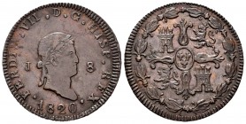 Ferdinand VII (1808-1833). 8 maravedis. 1820. Jubia. (Cal-200). Ae. 8,90 g. Laureate bust. Choice VF. Est...60,00. 

SPANISH DESCRIPTION: Fernando VII...