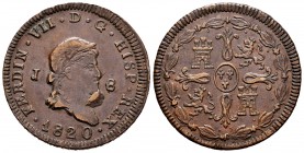 Ferdinand VII (1808-1833). 8 maravedis. 1820. Jubia. (Cal-200). Ae. 10,05 g. Laureate bust. Excess of metal on obverse. Choice VF. Est...70,00. 

SPAN...