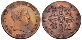 Ferdinand VII (1808-1833). 8 maravedis. 1822. Jubia. (Cal-202). Ae. 9,53 g. "Cabezon" type. Mintmark on reverse. Scarce. Almost XF/Choice VF. Est...12...