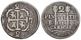 Ferdinand VII (1808-1833). 2 reales. 1819. Caracas. BS. (Cal-732). Ag. 4,83 g. Lions and castles. Rare. VF. Est...275,00. 

SPANISH DESCRIPTION: Ferna...