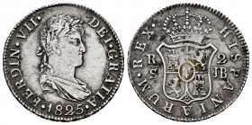 Ferdinand VII (1808-1833). 2 reales. 1825. Sevilla. JB. (Cal-1033). Ag. 5,96 g. VF. Est...35,00. 

SPANISH DESCRIPTION: Fernando VII (1808-1833). 2 re...