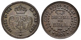 Elizabeth II (1833-1868). Decima de real. 1851. Segovia. (Cal-143). Ae. 3,85 g. Almost XF. Est...50,00. 

SPANISH DESCRIPTION: Isabel II (1833-1868). ...