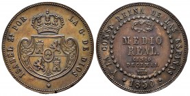 Elizabeth II (1833-1868). Medio real. 1850. Segovia. (Cal-155). Ae. 18,41 g. Minor nicks on edge. Almost XF. Est...100,00. 

SPANISH DESCRIPTION: Isab...