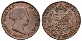 Elizabeth II (1833-1868). 5 centimos de real. 1862. Segovia. (Cal-178). Ae. 3,84 g. Minor nicks on edge. Choice VF. Est...35,00. 

SPANISH DESCRIPTION...