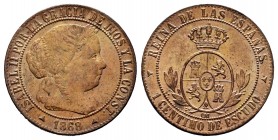 Elizabeth II (1833-1868). 1 centimo de escudo. 1868. Segovia. OM. (Cal-227). Ae. 2,34 g. XF. Est...25,00. 

SPANISH DESCRIPTION: Isabel II (1833-1868)...