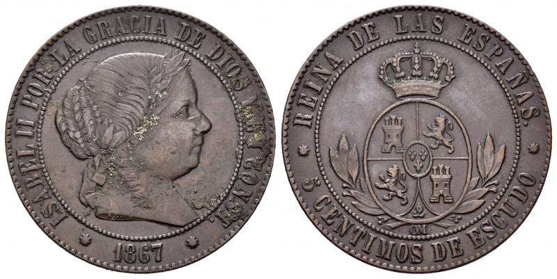 Elizabeth II (1833-1868). 5 céntimos de escudo. 1867. Barcelona. OM. (Cal-245). ...