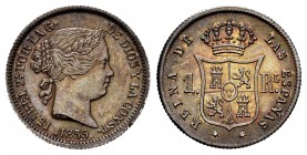 Elizabeth II (1833-1868). 1 real. 1859. Madrid. (Cal-308). Ag. 1,21 g. Wonderful toned. AU. Est...100,00. 

SPANISH DESCRIPTION: Isabel II (1833-1868)...