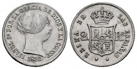 Elizabeth II (1833-1868). 2 reales. 1852. Sevilla. (Cal-390). Ag. 2,56 g. XF/AU. Est...90,00. 

SPANISH DESCRIPTION: Isabel II (1833-1868). 2 reales. ...