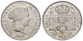 Elizabeth II (1833-1868). 10 reales. 1862. Madrid. (Cal-539). Ag. 12,93 g. Choice VF/Almost XF. Est...100,00. 

SPANISH DESCRIPTION: Isabel II (1833-1...