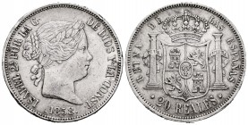 Elizabeth II (1833-1868). 20 reales. 1858. Madrid. (Cal-615). Ag. 25,87 g. Minor hairlines. Nicks on edge. VF/Choice VF. Est...120,00. 

SPANISH DESCR...